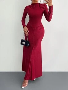 Đầm Maxi Dự Tiệc Sang Trọng Cổ Cao Nửa Tay Dài Hình Chữ V Xếp Ly Màu Đỏ Với Chất Liệu Vải Quyến Rũ, Hẹn Hò, Lãng Mạn, Đám Cưới, Quần Áo Mới Cho Nữ - Đỏ - Xem 6