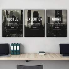 3pcs Set Optional Frame - Modern Abstract Hustle Grind Execute Wall Art, Motivational Home Office Canvas Painting Art, For Living Room Painting Decor, No Frame