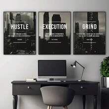 3pcs Set Optional Frame - Modern Abstract Hustle Grind Execute Wall Art, Motivational Home Office Canvas Painting Art, For Living Room Painting Decor, No Frame