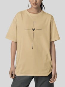 Blouse Oversized T-Shirt Heart And Cross Print Fashion - Màu be - Xem 2