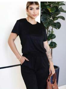 Comfortable Suede Pantaloons And Short Sleeve Blouse Set - màu đen - Xem 2