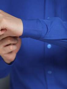 Long Sleeve Dress Shirt In Viscose Fabric Shrinks A Little With Pocket Slim Fit Not Bulky, Easy To Iron - Royal Blue - View 3