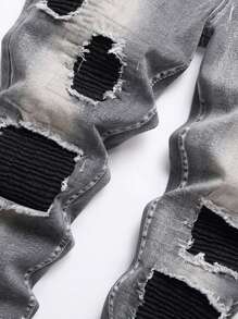 Grey Jeans For Men Stacked Stretch Ripped Denim Slim Fit Strechy Holey Jean Distressed Destroyed - Grey - View 4