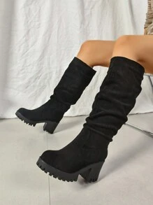 Fashion Match Hoodie,Women's Thick Heel Mid-Calf Pleated Fashion Boots, Versatile