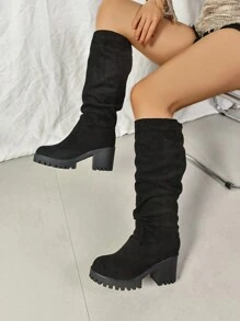 Fashion Match Hoodie,Women's Thick Heel Mid-Calf Pleated Fashion Boots, Versatile