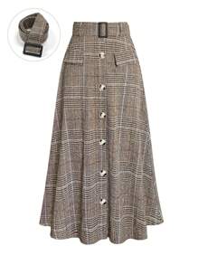 大码复古棕色格子高腰修身长裙 - 彩色 - 查看 1