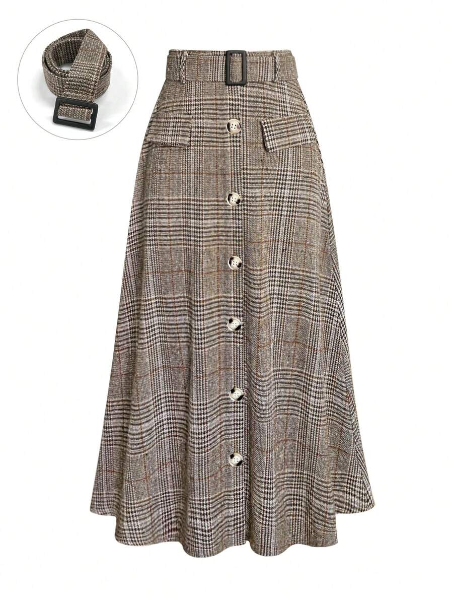 大码复古棕色格子高腰修身长裙 - 彩色 - 查看 1