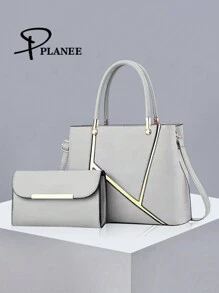 PLANEE Combo Bag, Elegant Zipper Handbag, Fashionable Handbag For Women, PU Leather Large Capacity Handbag For Women, Office And Work Shoulder Bag For Women, Complete Work Shoulder Bag, Geometric Pattern Wallet Set, Best Mother Day Gifts Ever - Light Grey - View 1
