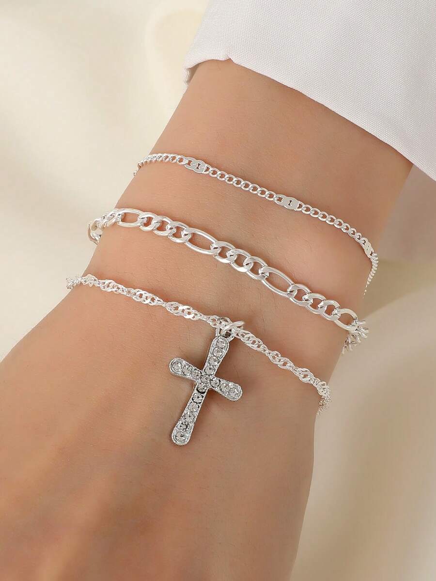 1 chiếc vòng tay nhiều lớp mặt dây chuyền hợp kim đính đá Rhinestone tối giản, phù hợp cho phụ nữ - đi qua - Xem 1