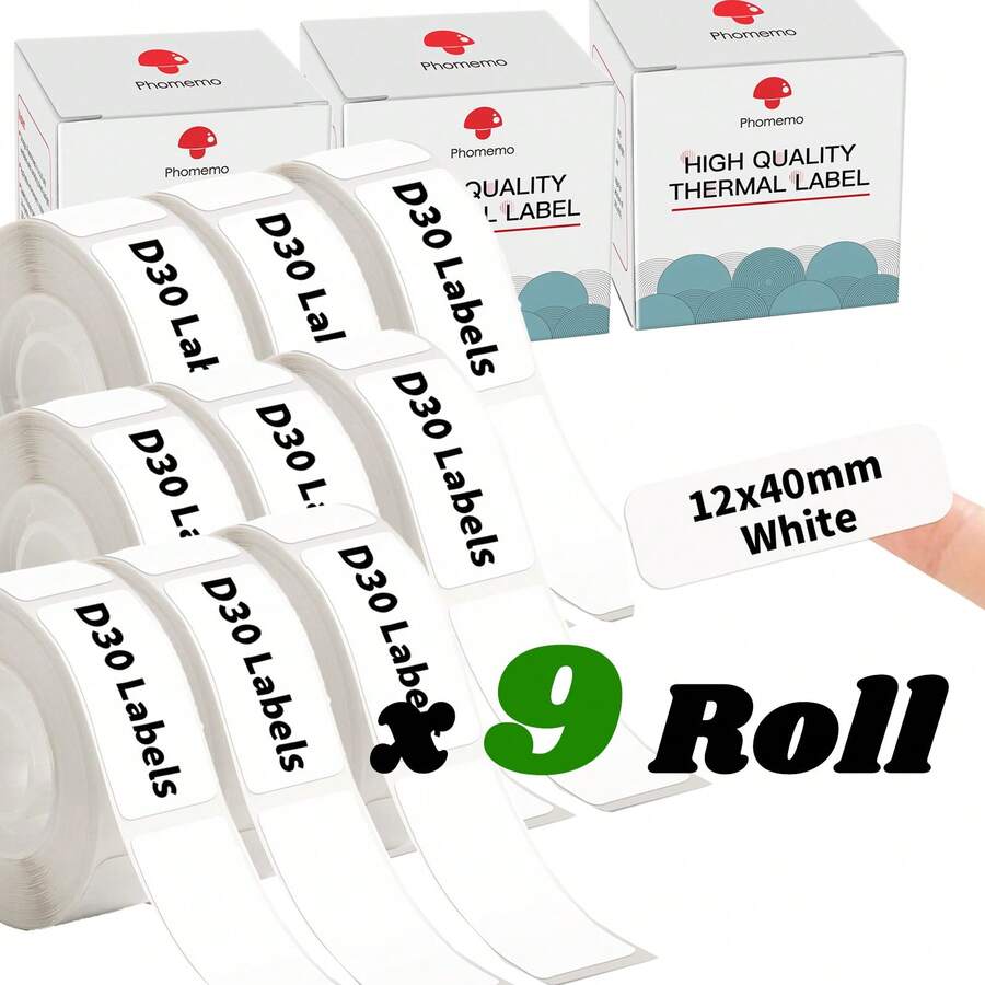 9 Cuộn Nhãn 12mm X 40mm 160/Cuộn Nhãn Dán Nhiệt Phomemo D30 Màu Trắng, Nền Trắng, Chữ Đen, Tương Thích Với Máy In Nhãn Phomemo D30, Thích Hợp Cho Gia Đình, Văn Phòng, Trường Học - Bộ 9 Cuộn Đen Trắng - Xem 1
