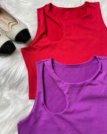 BIA KIT WITH 2 WOMEN'S CROPPED TOPS IN SUPLEX FABRIC WITH HOLE DETAIL ON THE SHOULDER, SUMMER - Màu Hoa hồng đỏ - Xem 3