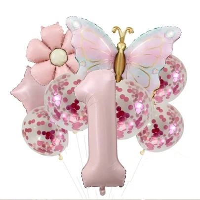 蝴蝶主题粉色 0-8 数字 + 粉色雏菊 + 粉色蝴蝶铝箔气球，适合生日装饰、蝴蝶主题派对、婚礼和生日庆祝