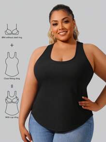 1 pieza Camiseta de yoga sin costuras con sujetador incorporado, tela acanalada, negro