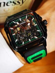 FORSINING 1 件男士时尚运动机械表夜光指针方形镂空自动手表绿色橡胶皮表带商务休闲腕表礼品带盒 - 黑色 - 查看 2