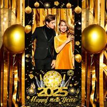 1.8*0.9m 黑色和金色背景窗帘，带脸部镂空，2025 主题派对新年装饰品，摄影亭摄影道具 - 彩色 - 查看 3