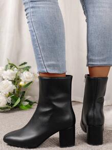 女士纯色套穿踝靴，侧拉链，方头，粗跟，休闲日常百搭黑色踝靴，优雅时尚 - 黑色 - 查看 5