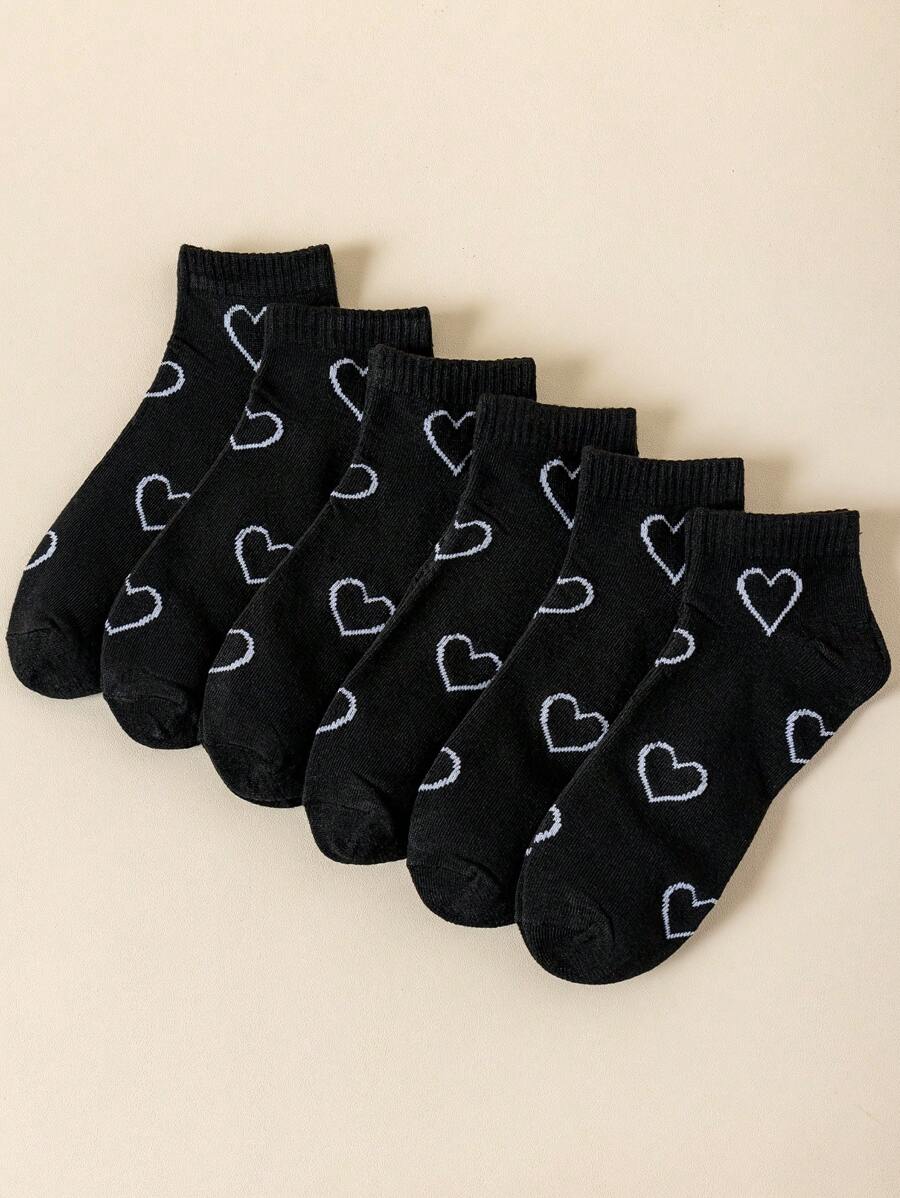6 双女式时尚百搭休闲黑色心形图案短袜