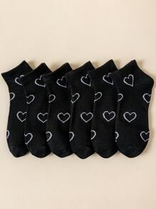6 双女式时尚百搭休闲黑色心形图案短袜