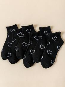 6 双女式时尚百搭休闲黑色心形图案短袜