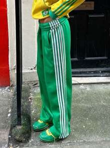 Women Striped Track Pants Loose Elastic Waist Drawstring Straight Leg Sweatpants Joggers Wide Leg Side Stripes Pants With Pockets Streetwear - Green - View 3