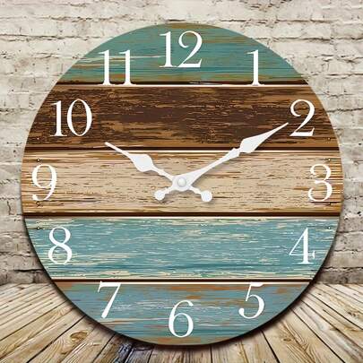 1pc Large Vintage Distressed Faux Wood Grain Pattern Wall Clock, 10-16 Inches Round Silent Battery Operated Wall Clock For Living Room, Bedroom, Farmhouse, Kitchen, Home Decor, Gift For Friends (Batteries Not Included) Room Decor
