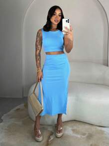 Anthonela Set, Women's Skirt And Cropped Set, With Detail And Tie At The Back, High Waist, Shaping Effect With Side Slits, Thick Ribbed, High Elasticity, Foreign Fashion Style Blogger Set - 淺藍色 - 查看 1