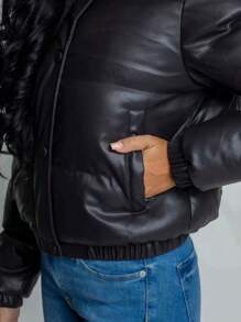 Women's Puffer Zipper Leather Jacket Fashion Blogger Thick And Lined - Black - View 4