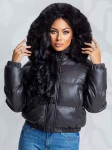 Women's Puffer Zipper Leather Jacket Fashion Blogger Thick And Lined - Black - View 1