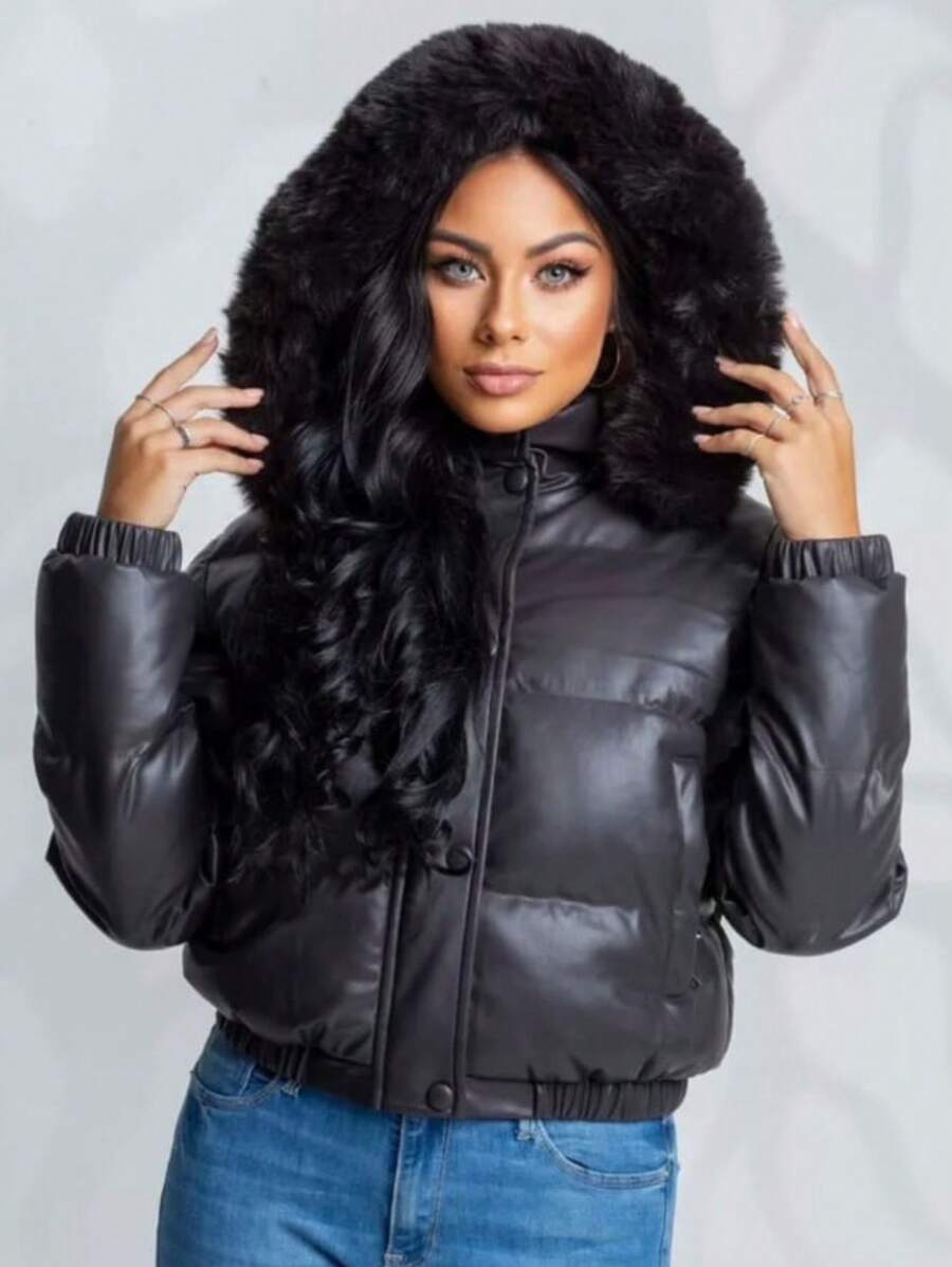 Women's Puffer Zipper Leather Jacket Fashion Blogger Thick And Lined - Black - View 1