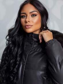 Women's Puffer Zipper Leather Jacket Fashion Blogger Thick And Lined - Black - View 5