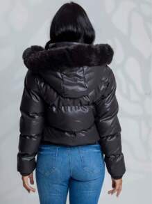 Women's Puffer Zipper Leather Jacket Fashion Blogger Thick And Lined - Black - View 3