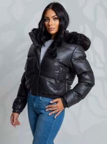 Women's Puffer Zipper Leather Jacket Fashion Blogger Thick And Lined - Black - View 6