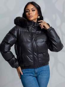 Women's Puffer Zipper Leather Jacket Fashion Blogger Thick And Lined - Black - View 2
