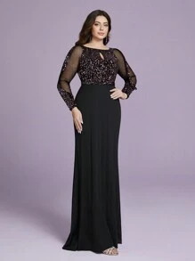 大尺碼女款優雅粉色圓領亮面網紗亮片魚尾晚禮服（厚實款）適合派對、舞會、節日 - 粉色 - 查看 5