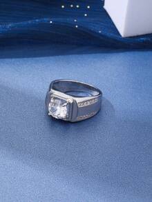 1 件装奢华银色圆形方晶锆石男士戒指经典结婚戒指耀眼男士配饰珠宝 - 戒指 - 查看 3