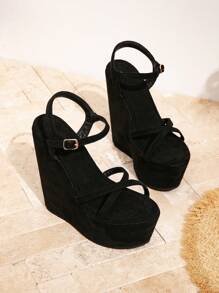 女士厚底防水厚底复古编织拖鞋凉鞋，坡跟绳木纹单带交叉带露趾松紧带滑动凉鞋，厚底高跟鞋，适合春季度假装，波西米亚风性感夜店高跟鞋