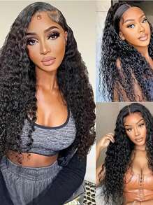 Eulisi 5x5 高清透明蕾丝深波浪蕾丝假发 真人发假发 女士湿发卷发无胶真人发假发 巴西雷米真人发 预拔婴儿发 180% 密度 - 黑色 - 查看 5