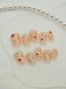 10 peças de adesivos de unhas minimalistas com strass, nude curto, arte de unha decorativa feita à mão, adequados para uso diário, unhas de pressão, suprimentos para unhas - Multicolorido - Ver 4