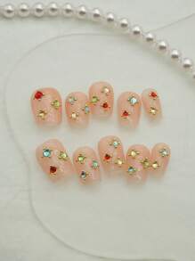 10 peças de adesivos de unhas minimalistas com strass, nude curto, arte de unha decorativa feita à mão, adequados para uso diário, unhas de pressão, suprimentos para unhas - Multicolorido - Ver 5