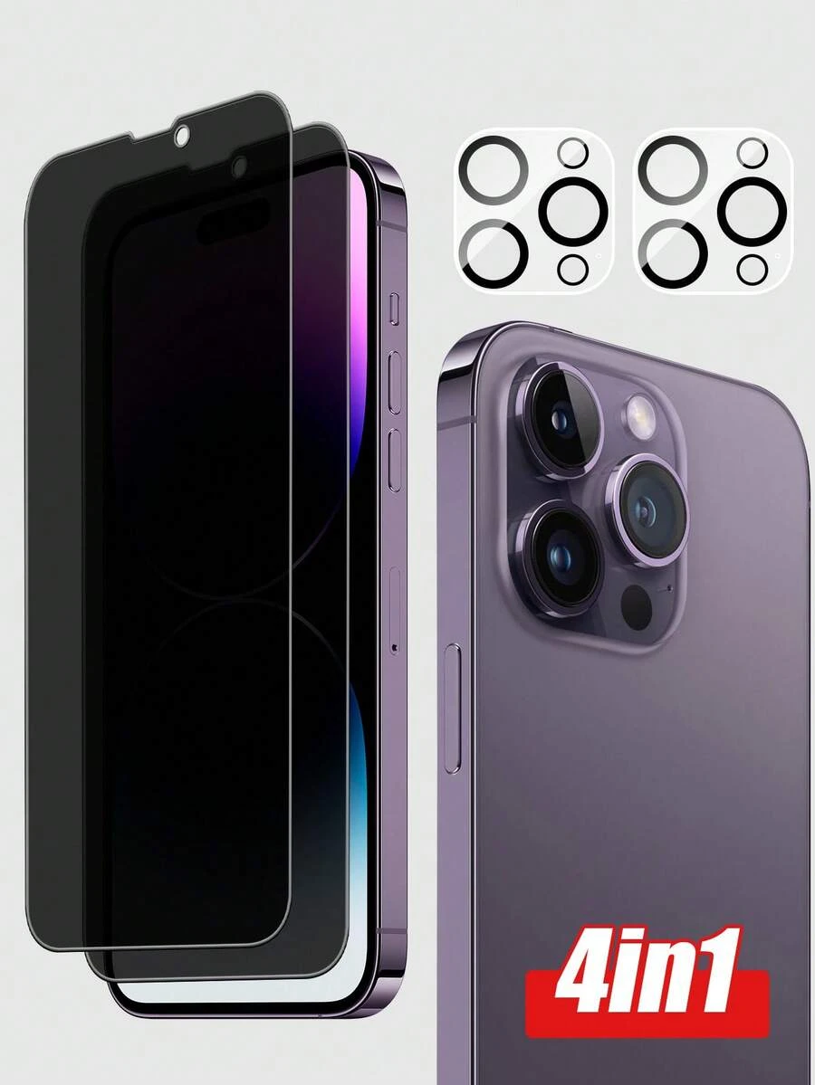 四合一包装：2 个屏幕隐私保护膜和 2 个相机镜头保护膜，兼容 iPhone 15/15Plus/15Pro/15Promax - 黑色 - 查看 1