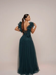 Dress For Graduates And Bridesmaids In Tulle And Corset. - Dark Green - View 3