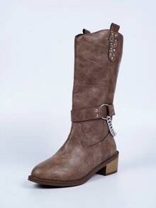 全新女式铆钉装饰舒适方头粗跟牛仔户外一脚蹬牛仔靴，春秋冬 - 咖啡棕 - 查看 7