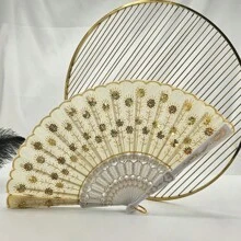 D EXCEED 1 件女士折扇，手工制作优雅彩色刺绣花朵孔雀图案亮片面料折扇（多色）