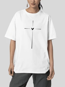 Blouse Oversized T-Shirt Heart And Cross Print Fashion - White - View 2