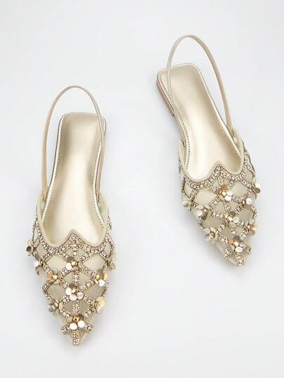 2025 Autumn Women's Glamorous Fully Rhinestoned Studded Flower Decor Gold Velvet Mesh Pointy Toe Slingback Flat Slingback Shoes, Elegant & Comfortable For Daily Wear And Parties
