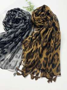 1 件女士时尚豹纹流苏装饰围巾/披肩，适合日常使用 - 彩色 - 查看 5