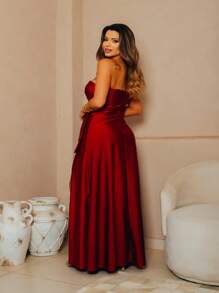 Bridesmaid Dress For Graduation Guests Strapless Satin With Slit For Day Or Night Wedding - 紅木色 - 查看 2