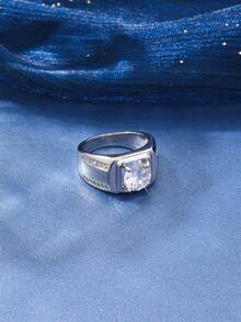 1 件装奢华银色圆形方晶锆石男士戒指经典结婚戒指耀眼男士配饰珠宝 - 戒指 - 查看 5