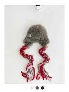 1 件装长发护耳帽，时尚彩色编织无檐便帽，女士保暖针织帽，秋冬季，新款撞色毛绒针织帽带护耳 - 彩色 - 查看 15