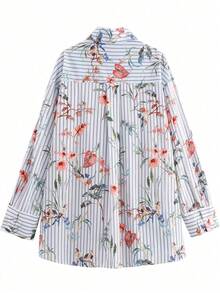 条纹和花卉印花休闲前扣长袖衬衫，女式春夏季衬衫